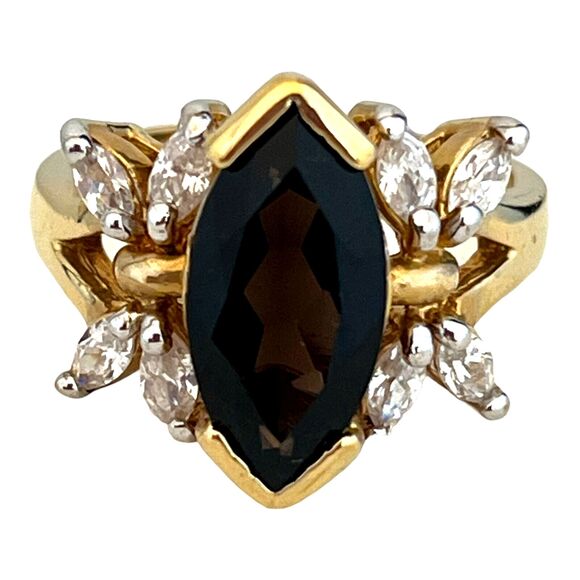Vintage Uncas Opal Rhinestone Cocktail Ring, Gold Finish  Vintage 1970s Uncas Marquis Topaz Color Ring CZ Accents Gold Tone Size 7 - 5V